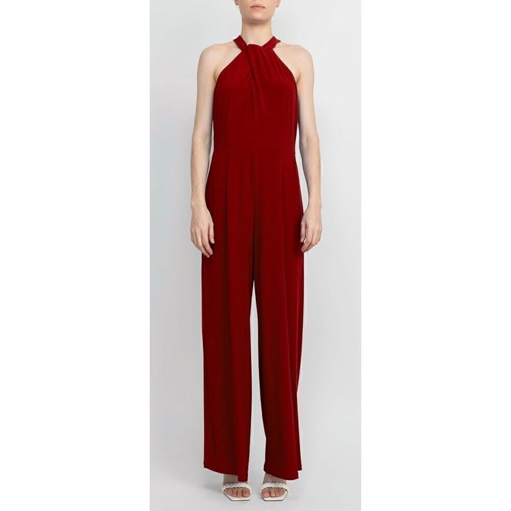 Nina Leonard Crossed Neck Sleeveless Keyhole Jersey Jumpsuit